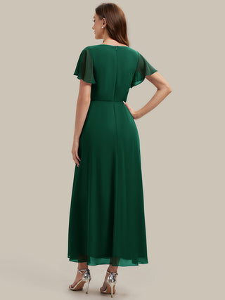Short Sleeve Ruffle V-Neck Beaded A-Line Maxi Wedding Guest Dresses