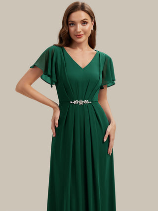 Short Sleeve Ruffle V-Neck Beaded A-Line Maxi Wedding Guest Dresses