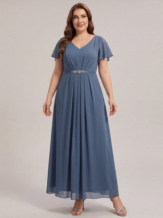 Short Sleeve Ruffle V-Neck Beaded A-Line Maxi Wedding Guest Dresses