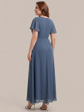 Short Sleeve Ruffle V-Neck Beaded A-Line Maxi Wedding Guest Dresses
