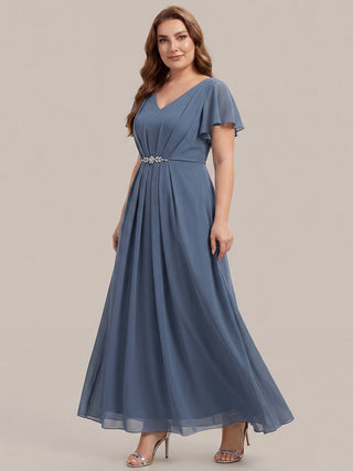 Short Sleeve Ruffle V-Neck Beaded A-Line Maxi Wedding Guest Dresses