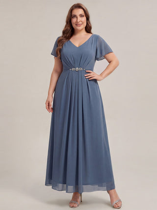 Short Sleeve Ruffle V-Neck Beaded A-Line Maxi Wedding Guest Dresses