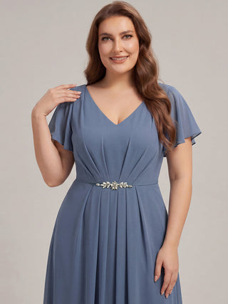 Short Sleeve Ruffle V-Neck Beaded A-Line Maxi Wedding Guest Dresses