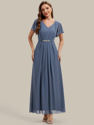 Short Sleeve Ruffle V-Neck Beaded A-Line Maxi Wedding Guest Dresses