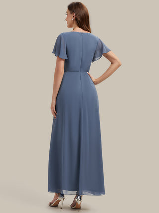 Short Sleeve Ruffle V-Neck Beaded A-Line Maxi Wedding Guest Dresses