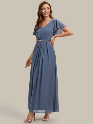 Short Sleeve Ruffle V-Neck Beaded A-Line Maxi Wedding Guest Dresses