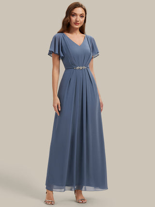 Short Sleeve Ruffle V-Neck Beaded A-Line Maxi Wedding Guest Dresses