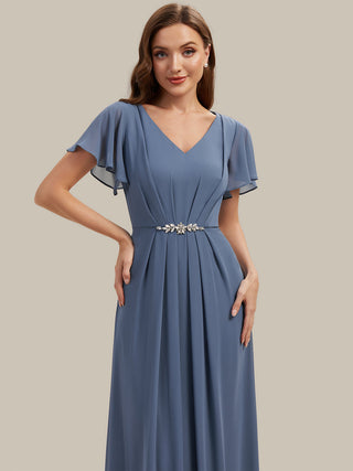 Short Sleeve Ruffle V-Neck Beaded A-Line Maxi Wedding Guest Dresses