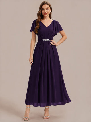 Short Sleeve Ruffle V-Neck Beaded A-Line Maxi Wedding Guest Dresses