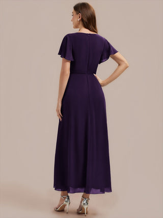 Short Sleeve Ruffle V-Neck Beaded A-Line Maxi Wedding Guest Dresses