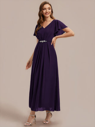 Short Sleeve Ruffle V-Neck Beaded A-Line Maxi Wedding Guest Dresses