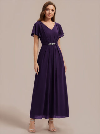 Short Sleeve Ruffle V-Neck Beaded A-Line Maxi Wedding Guest Dresses