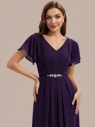 Short Sleeve Ruffle V-Neck Beaded A-Line Maxi Wedding Guest Dresses