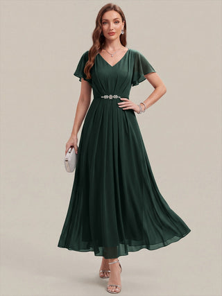 Short Sleeve Ruffle V-Neck Beaded A-Line Maxi Wedding Guest Dresses