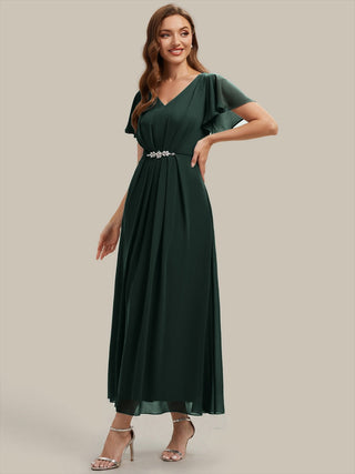 Short Sleeve Ruffle V-Neck Beaded A-Line Maxi Wedding Guest Dresses