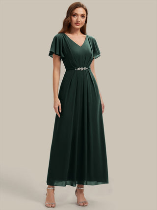 Short Sleeve Ruffle V-Neck Beaded A-Line Maxi Wedding Guest Dresses