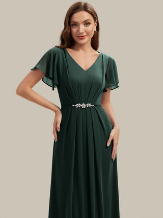 Short Sleeve Ruffle V-Neck Beaded A-Line Maxi Wedding Guest Dresses