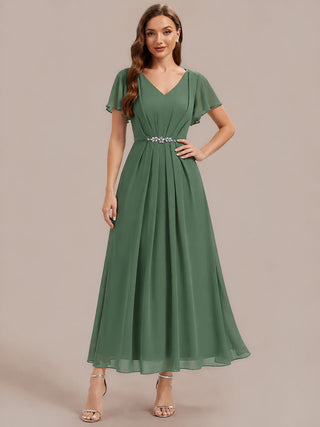 Short Sleeve Ruffle V-Neck Beaded A-Line Maxi Wedding Guest Dresses
