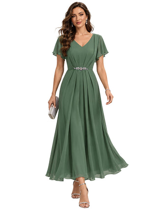 Short Sleeve Ruffle V-Neck Beaded A-Line Maxi Wedding Guest Dresses