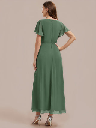 Short Sleeve Ruffle V-Neck Beaded A-Line Maxi Wedding Guest Dresses