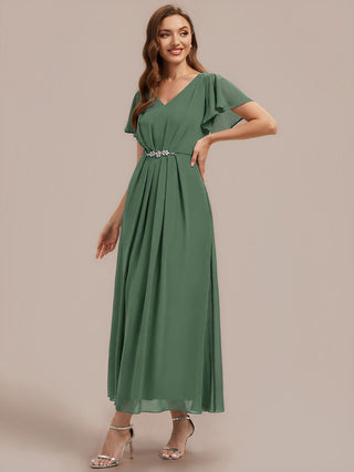 Short Sleeve Ruffle V-Neck Beaded A-Line Maxi Wedding Guest Dresses