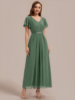 Short Sleeve Ruffle V-Neck Beaded A-Line Maxi Wedding Guest Dresses