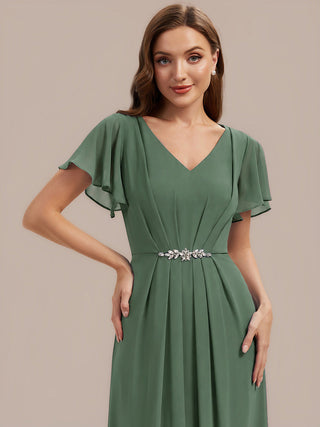 Short Sleeve Ruffle V-Neck Beaded A-Line Maxi Wedding Guest Dresses
