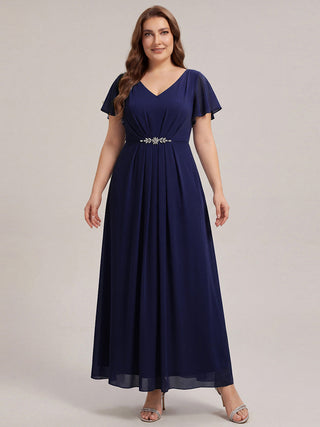 Short Sleeve Ruffle V-Neck Beaded A-Line Maxi Wedding Guest Dresses