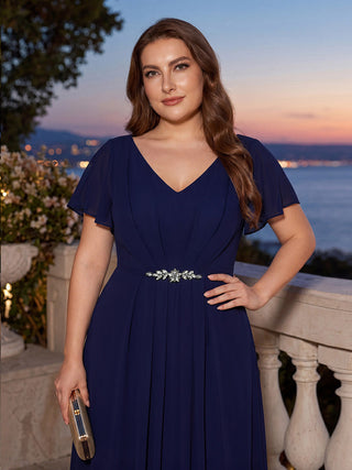 Short Sleeve Ruffle V-Neck Beaded A-Line Maxi Wedding Guest Dresses