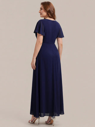 Short Sleeve Ruffle V-Neck Beaded A-Line Maxi Wedding Guest Dresses