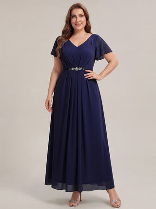 Short Sleeve Ruffle V-Neck Beaded A-Line Maxi Wedding Guest Dresses