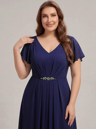 Short Sleeve Ruffle V-Neck Beaded A-Line Maxi Wedding Guest Dresses