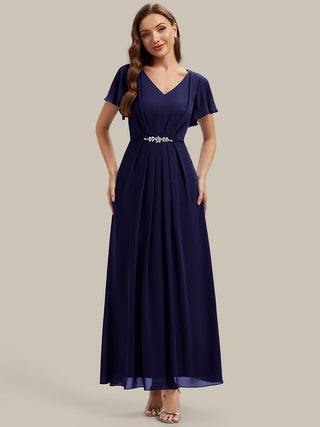 Short Sleeve Ruffle V-Neck Beaded A-Line Maxi Wedding Guest Dresses