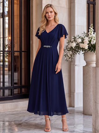 Short Sleeve Ruffle V-Neck Beaded A-Line Maxi Wedding Guest Dresses