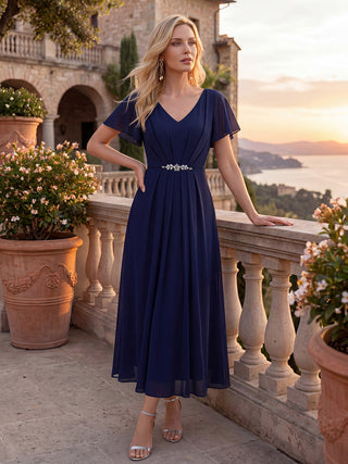 Short Sleeve Ruffle V-Neck Beaded A-Line Maxi Wedding Guest Dresses