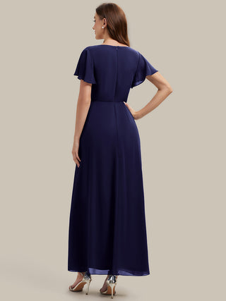 Short Sleeve Ruffle V-Neck Beaded A-Line Maxi Wedding Guest Dresses