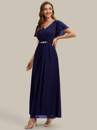 Short Sleeve Ruffle V-Neck Beaded A-Line Maxi Wedding Guest Dresses