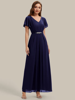Short Sleeve Ruffle V-Neck Beaded A-Line Maxi Wedding Guest Dresses