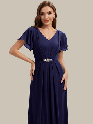 Short Sleeve Ruffle V-Neck Beaded A-Line Maxi Wedding Guest Dresses