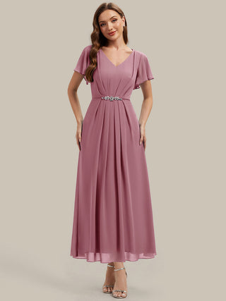 Short Sleeve Ruffle V-Neck Beaded A-Line Maxi Wedding Guest Dresses