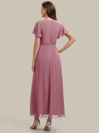 Short Sleeve Ruffle V-Neck Beaded A-Line Maxi Wedding Guest Dresses