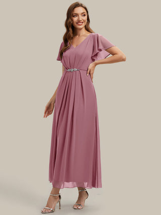 Short Sleeve Ruffle V-Neck Beaded A-Line Maxi Wedding Guest Dresses