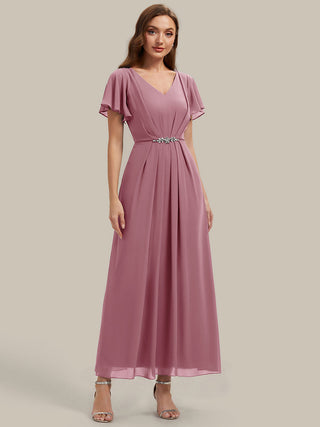 Short Sleeve Ruffle V-Neck Beaded A-Line Maxi Wedding Guest Dresses