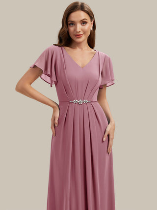 Short Sleeve Ruffle V-Neck Beaded A-Line Maxi Wedding Guest Dresses