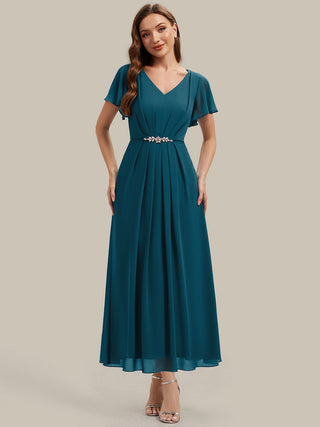 Short Sleeve Ruffle V-Neck Beaded A-Line Maxi Wedding Guest Dresses