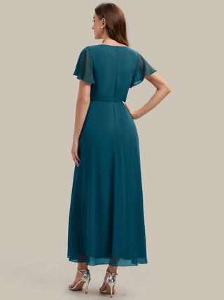 Short Sleeve Ruffle V-Neck Beaded A-Line Maxi Wedding Guest Dresses