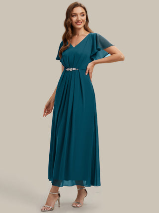 Short Sleeve Ruffle V-Neck Beaded A-Line Maxi Wedding Guest Dresses