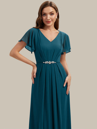 Short Sleeve Ruffle V-Neck Beaded A-Line Maxi Wedding Guest Dresses