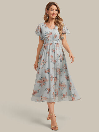 Short Sleeve Ruffle V-Neck A-Line Midi Non-Stretch Wedding Guest Dresses