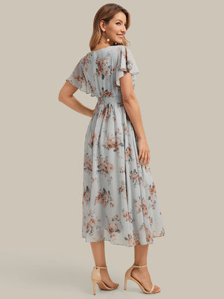 Short Sleeve Ruffle V-Neck A-Line Midi Non-Stretch Wedding Guest Dresses
